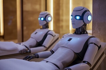 Poster - Robots relaxing in a modern spa setting with futuristic design and ambient lighting