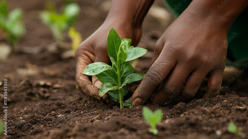 African adult planting seedling in rich soil for sustainable growth ...
