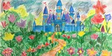 A colorful drawing of a fairy-tale castle surrounded by vibrant flowers and greenery.