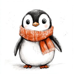 Poster - Cute illustrated penguin wearing an orange scarf standing on a white background during winter season. Generative AI