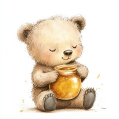 Poster - Cute illustrated bear enjoying honey from a jar in a joyful moment of bliss and sweetness. Generative AI