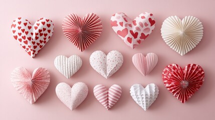 Romantic heart-shaped paper designs in pink, white, and red set against a soft pale pink background