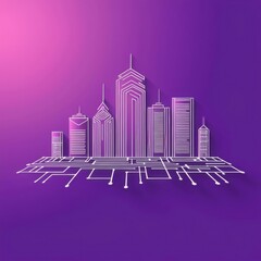 Poster - Cityscape with a Simplified and Stylized Depiction of Buildings on a Purple Background