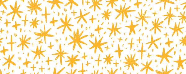 Poster - Yellow colored seamless pattern with crayon drawn stars, sparks and sparkles. Hand drawn childish background