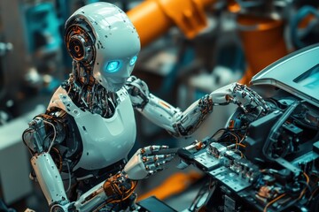 Poster - Robotic arm works on automobile assembly in a modern manufacturing facility