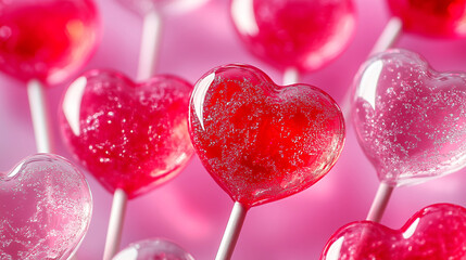 Wall Mural - Sweet lollipops transparent red and pink in the shape of a heart. Postcard, festive background, cover. Valentine's Day celebration