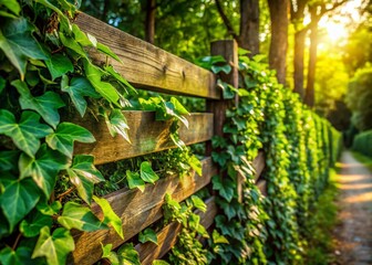 Wall Mural - Lush Green Ivy Climbing Rustic Wooden Fence - Panoramic Garden Stock Photo