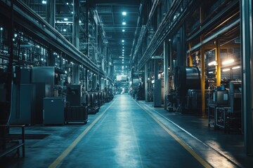 Poster - Production facility interior with bright overhead lights in a modern industrial setting