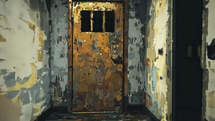 Wall Mural - A dimly lit, decaying hallway with a weathered door and aged walls