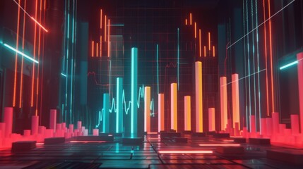 Poster - Futuristic data visualization with glowing bars and lines in neon colors, representing analytics and technology trends. vibrant colors create dynamic atmosphere