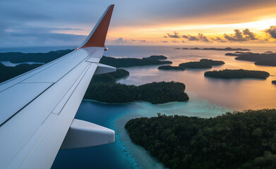 Airplane wing flying over tropical islands at sunset with vibrant ocean colors and dramatic skies.