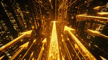 Poster - golden arrows moving upward through digital cityscape, symbolizing progress and innovation in techno