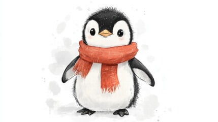 Poster - Cute penguin wearing a bright orange scarf in a whimsical setting perfect for winter appreciation and joy. Generative AI