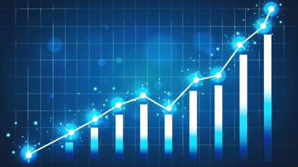 Poster - Blue graph showing upward trend with glowing data points and grid background, symbolizing growth and success in business or finance