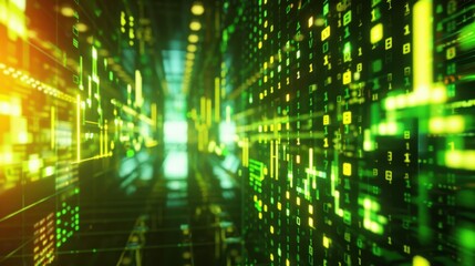 Poster - abstract digital data stream with glowing green and yellow binary code, creating futuristic atmosphe