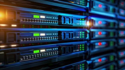 Poster - High tech data center with server racks, illuminated control panels, and vibrant LED indicators. scene conveys sense of advanced technology and connectivity