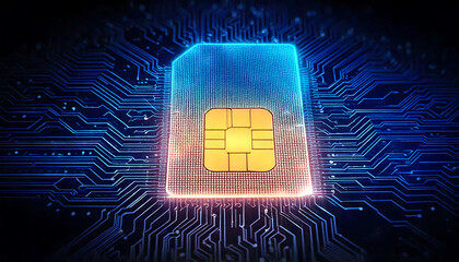Poster - Stunning close-up of a SIM card on a circuit board, glowing with vibrant blue and orange hues.  Perfect for illustrating technology, connectivity, data, mobile, or network concepts.