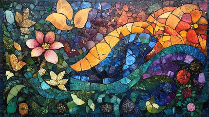 Wall Mural - Vibrant Mosaic Artwork Featuring Flowers and Swirling Patterns