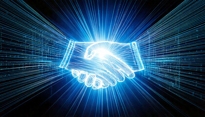 Poster - stunning abstract image of a digital handshake, glowing brightly against a dark background. perfect 