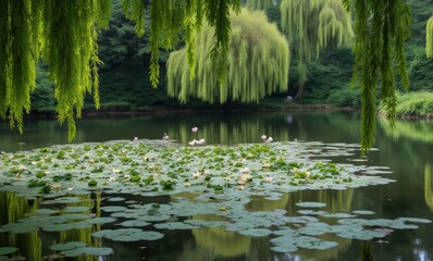 Wall Mural - Tranquil lake scene with lush greenery