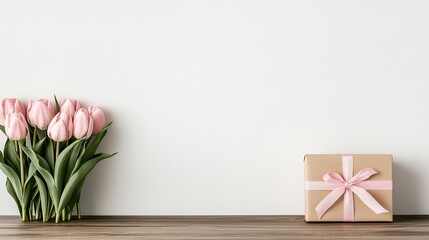 Canvas Print - A beautifully arranged gift box with a pink ribbon sits beside fresh tulips on a wooden table, evoking a sense of warmth and celebration.