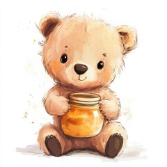 Aufkleber - Sweet illustrated bear holding a honey jar on a playful background with soft colors and charming details. Generative AI
