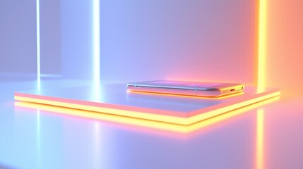 Poster - Smartphone on illuminated platform with neon lights.