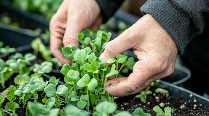 Caucasian adult tending to young green seedlings in a garden