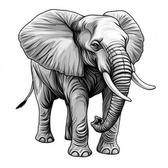 Aufkleber - Illustration of an elephant standing gracefully with large ears and tusks in a simple and elegant design against a white background. Generative AI