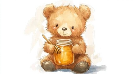 Poster - Cute bear character with honey jar and honey dipper sitting happily in a cozy setting. Generative AI