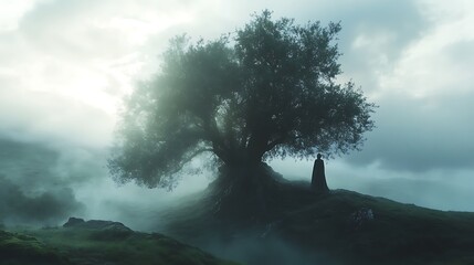 A solitary figure stands beneath a large tree in mist