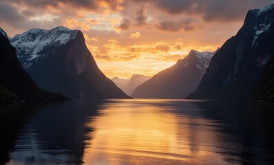 Wall Mural - Majestic sunset over tranquil fjord landscape.