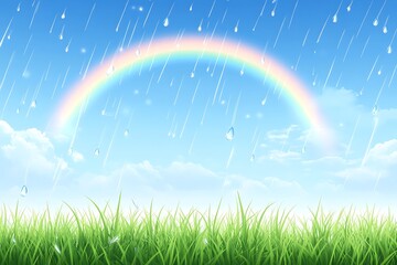 Wall Mural - Rainbow Rain on Lush Green Grass