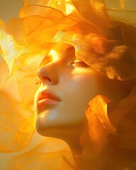 Poster - Radiant woman in starfruit-inspired garment studio setting portrait ethereal environment close-up view artistic concept