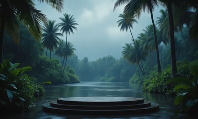 Canvas Print - Serene rainy tropical river landscape