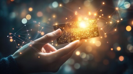 Poster - Digital Transformation: Hand Holding a Glowing Credit Card Representing Fintech Innovation and Global Connectivity