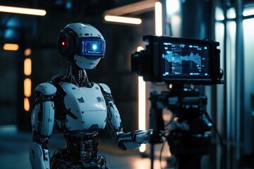 Poster - Robot interacts with advanced technology in a futuristic laboratory setting