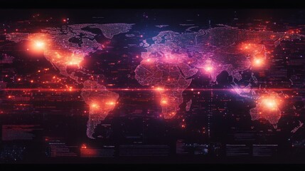 Poster - World map showcasing illuminated regions with data overlays and digital highlights