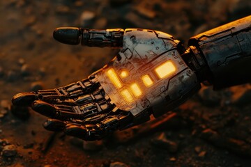 Poster - Robotic hand resting on the ground with glowing details in an industrial setting
