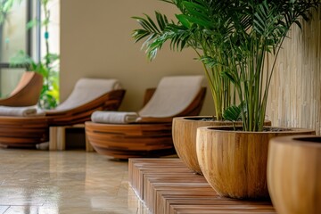 Poster - Relaxing atmosphere of a spa with comfortable loungers and greenery