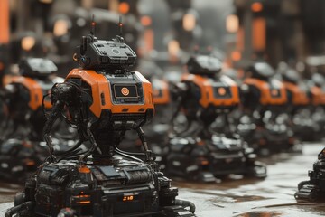 Poster - Rows of futuristic robots with orange and black design in a high-tech environment