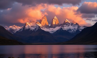 Wall Mural - Majestic sunset over snow-capped mountains