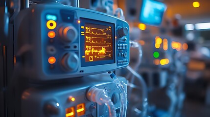 Close-up of medical ventilator with vital signs displayed on screen in hospital setting.