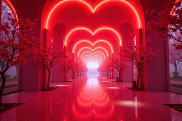 Poster - Romantic Hallway with Heart-Shaped Neon Lights and Cherry Blossom Trees, Creating a Dreamy Atmosphere of Love and Serenity in a Enchanted Setting