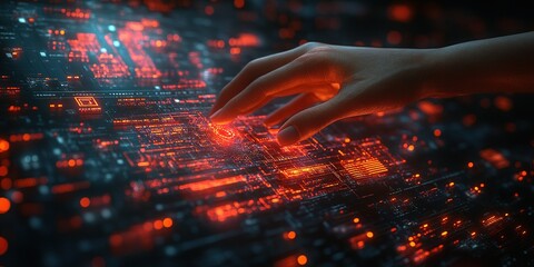 Poster - futuristic hand interacting with glowing red technology interface in a digital environment
