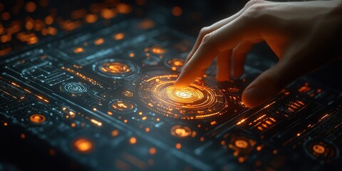 Poster - Interactive touch on futuristic control panel in dimly lit space