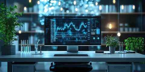 Poster - High-tech workspace showcasing data analysis with clear visualizations and plants for a calming atmosphere