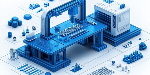Poster - Innovative blue-themed digital workspace featuring advanced technology and tools for engineering and manufacturing processes