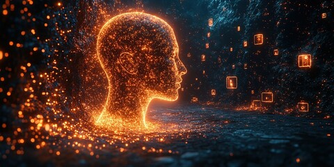 Poster - Digital representation of a glowing human head with floating data icons in a dark, futuristic space
