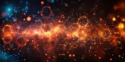 Poster - Vivid abstraction with glowing hexagons and luminous particles in a cosmic space setting